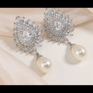 Bridal earrings dangle pearl with rhodium finish Swarovski elements #207